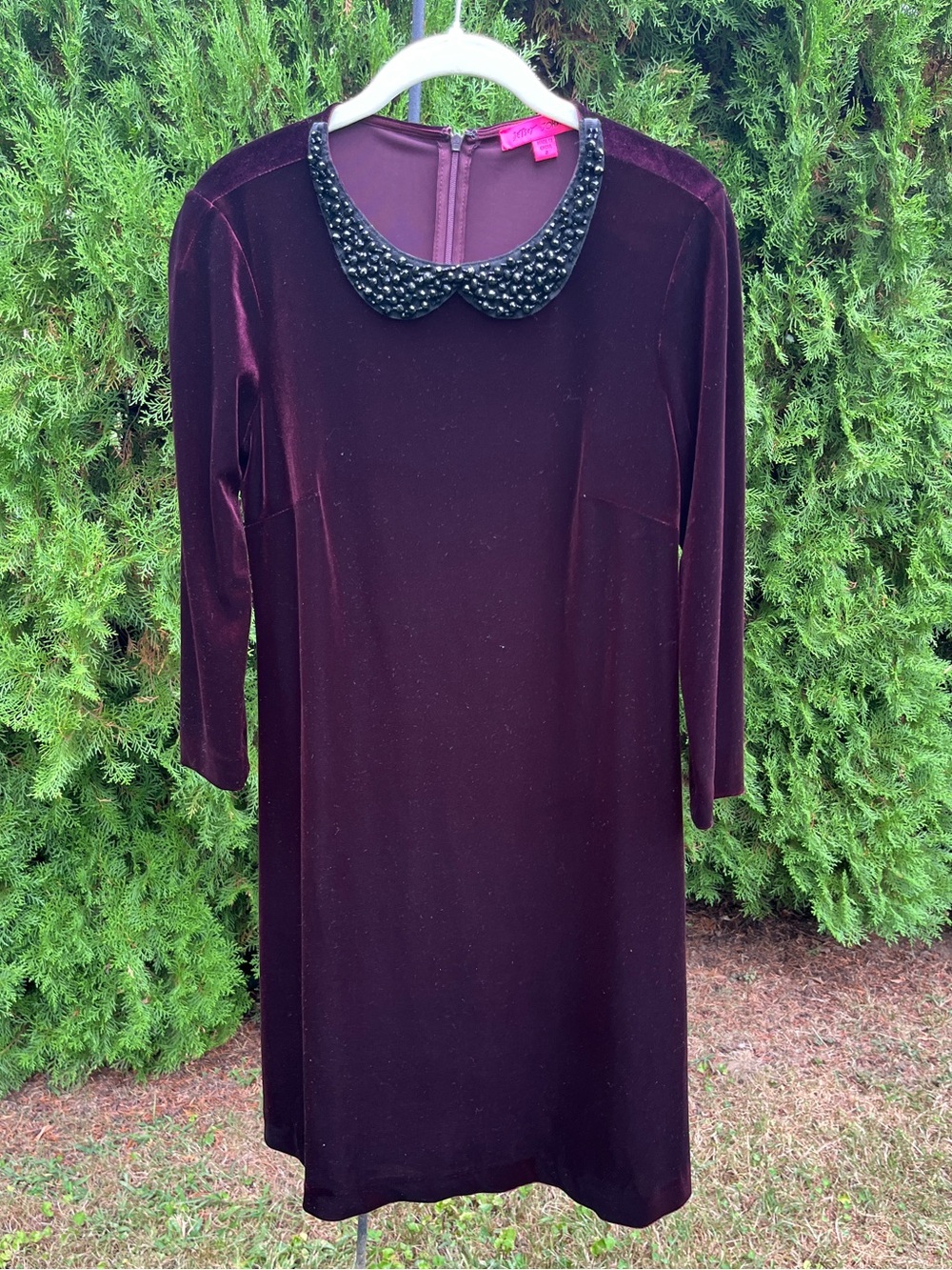 Betsey Johnson Burgundy Velvet Shift Dress with Beaded Black Peter Pan Collar